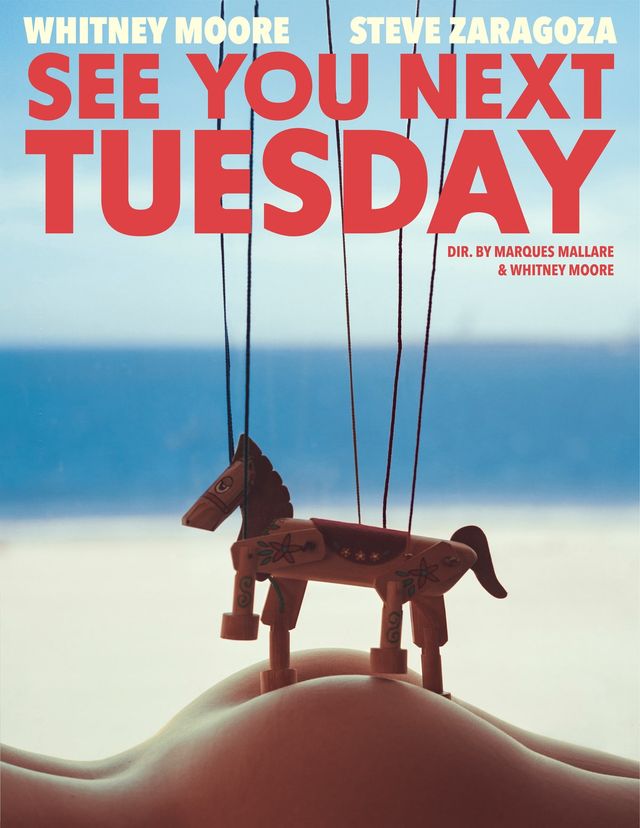 See You Next Tuesday movie poster: a wooden horse puppet on strings above a beach, with the title in bold red letters